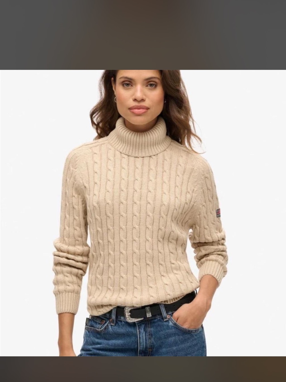 Superdry Premium Black Label Cable Knit Turtleneck Sweater in Beige Small